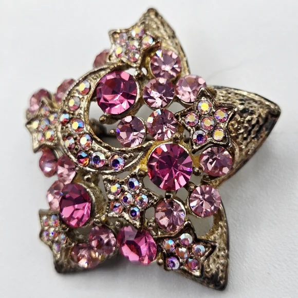 VINTAGE Star Brooch Auro Borealis Moon Stars In Pink Crystals - Picture 4 of 10